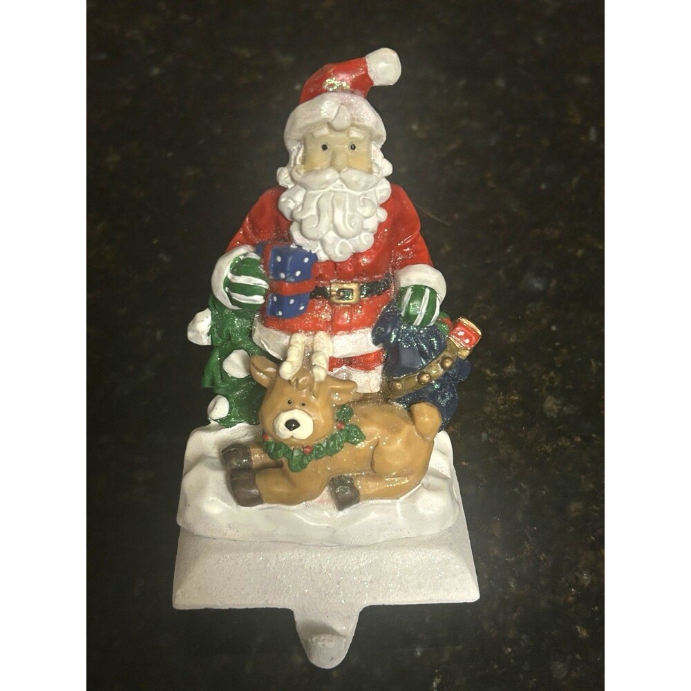 Santa Claus Christmas Stocking Hanger Holder w/Reindeer Holiday Mantel Decor